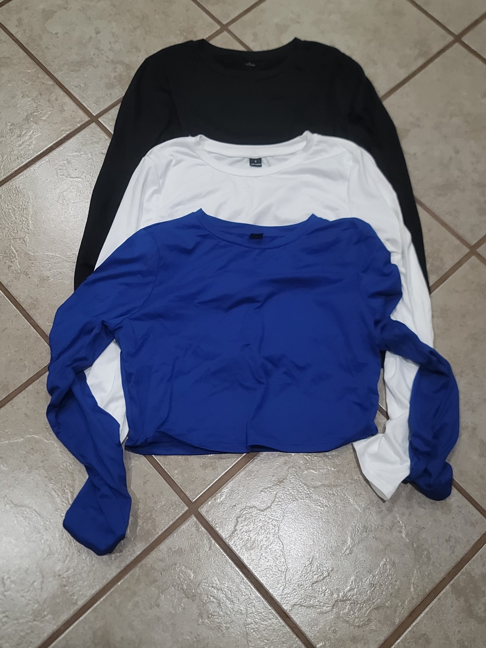 Women’s Long Sleeve Crewneck Crop Top - Blue, White, Black 3pk
